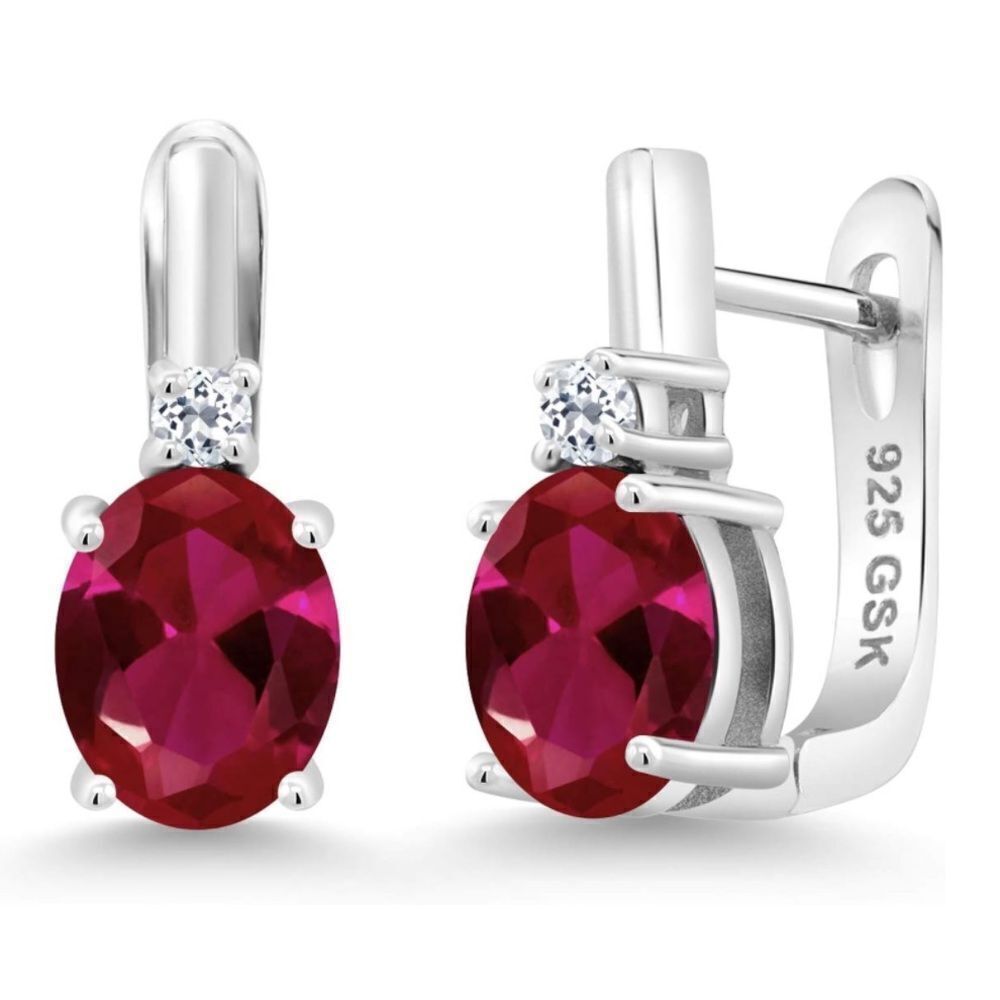 925 Sterling Silver with 4.15 Cttw Ruby and White Topaz Oval Drop Earrings